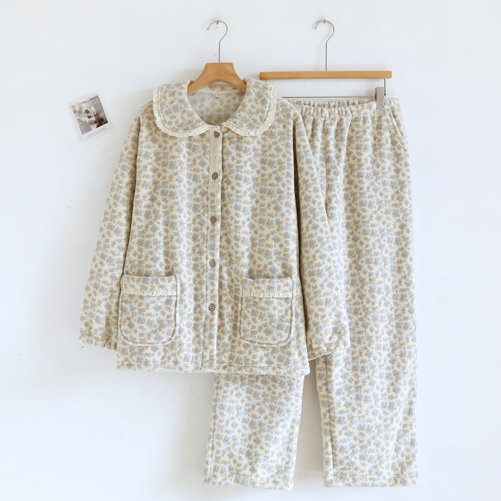 Lace Jacquard Sweet Cute Coral Fleece Pajamas Autumn And Winter Warm Loungewear