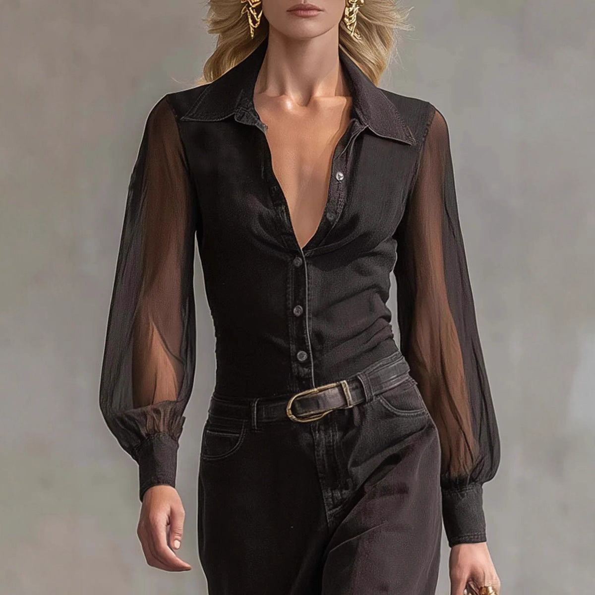 Long Sleeve See-through Blouse Collar Button Mesh Dress