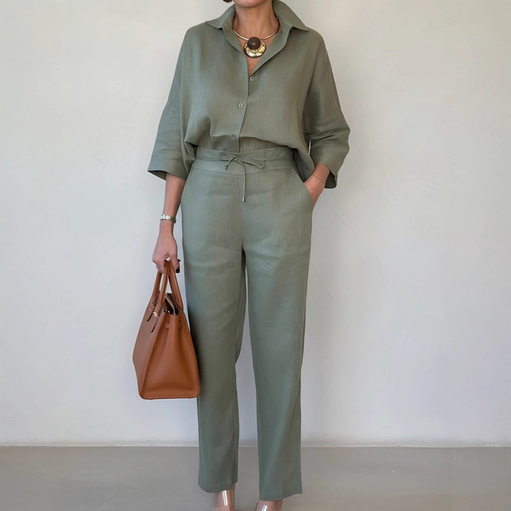 New Elegant Solid Color Polo Collar Linen Shirt And Two-piece Pants