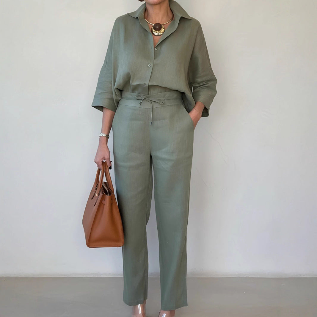 New Elegant Solid Color Polo Collar Linen Shirt And Two-piece Pants