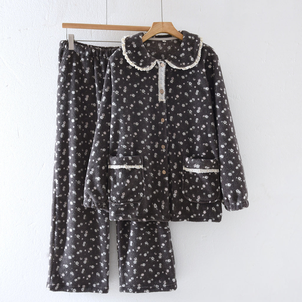 Lace Jacquard Sweet Cute Coral Fleece Pajamas Autumn And Winter Warm Loungewear