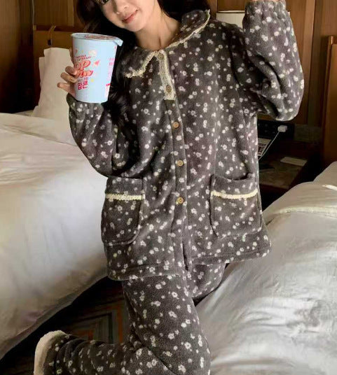 Lace Jacquard Sweet Cute Coral Fleece Pajamas Autumn And Winter Warm Loungewear