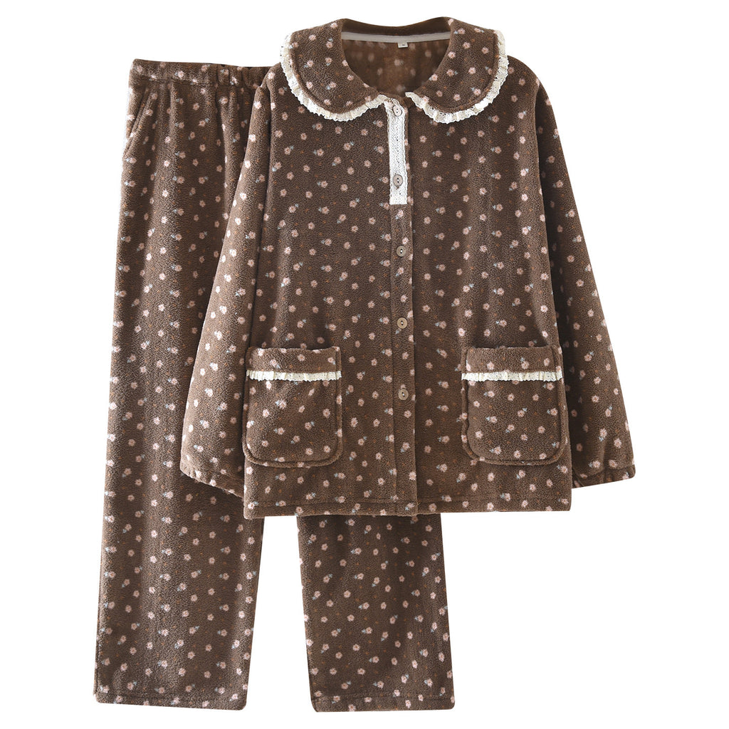 Lace Jacquard Sweet Cute Coral Fleece Pajamas Autumn And Winter Warm Loungewear