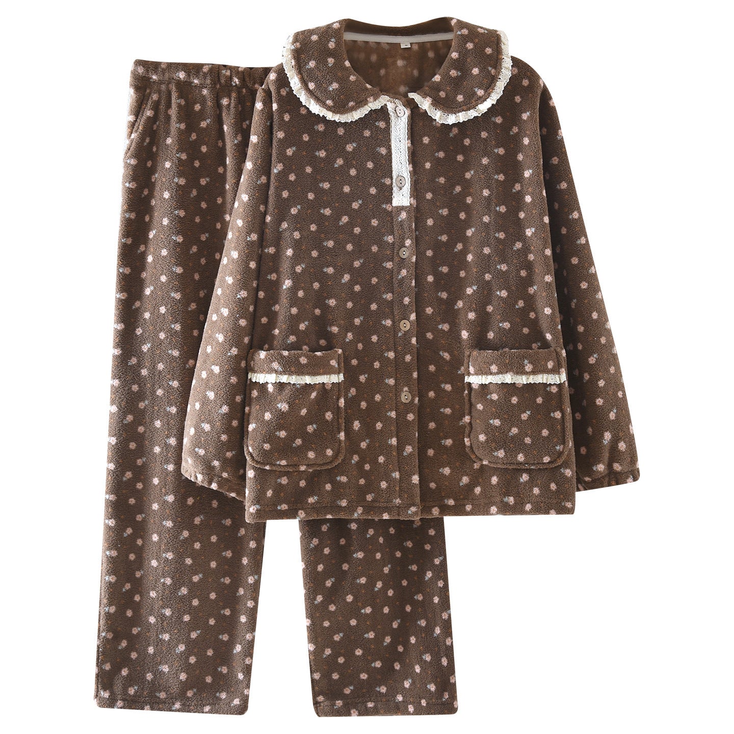 Lace Jacquard Sweet Cute Coral Fleece Pajamas Autumn And Winter Warm Loungewear