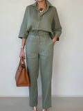 New Elegant Solid Color Polo Collar Linen Shirt And Two-piece Pants