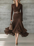 Stitching V-neck Long-sleeve Dress Long Skirt Large Swing Skirt