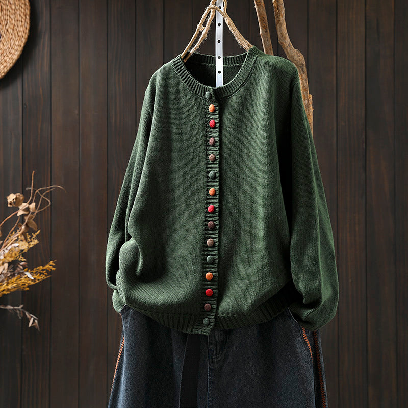 Women's Colorful Button Cotton Sweater Cardigan Loose-fitting Slimming Coat